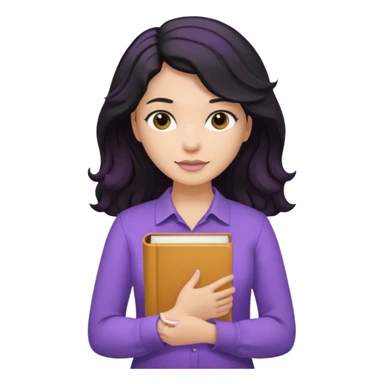 Long Hair Women, with Black dark wavy hair, with purple Book, beige shir, without background sticker