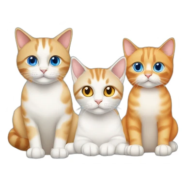 three cats sitting together, one lynx siamese cat with blue eyes, one orange and white tabby cat with yellow eyes, one orange cat with orange eyes sticker