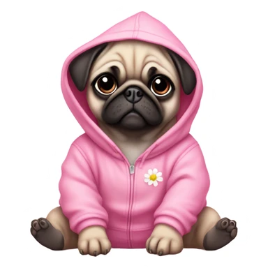 Cute Baby Pug with pink eyes wearing a pink hoodie sitting in daisy's  sticker