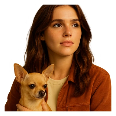 Portrait for Instagram profile picture inspired by the facial features visible in the reference images, with a tanned complexion, subtle freckles, wearing a shirt in color #FFF8CA and a rust-colored jacket, medium-length brown hair with auburn highlights, dreamy and inspired expression, holding a beige-brown chihuahua, in the style of a Netflix series, transparent background, intimate Tenerife ambiance. sticker