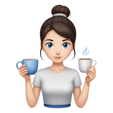 With her dark brown hair pulled back in a bun, and captivating grey-blue eyes, the girl holds a mug of tea, the steam rising like a gentle promise of warmth, clad in a simple white t-shirt.  sticker
