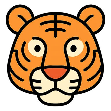 stylized tiger head icon, large ears, curved snout, bold stripes, modern icon style sticker