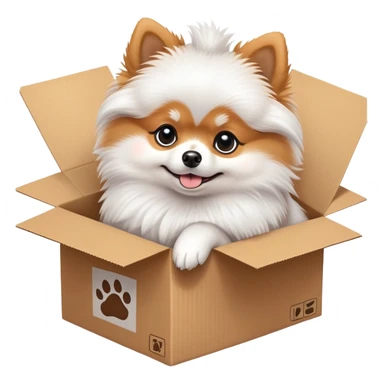  A very cute young pomeranian  with one's head tilted to one side poked its paws out of the cardboard big box and placed them on top of it sticker