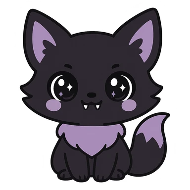 kawaii style gothic fox, adorable face, black and purple fur, sparkling eyes, tiny fangs, sweet and spooky sticker