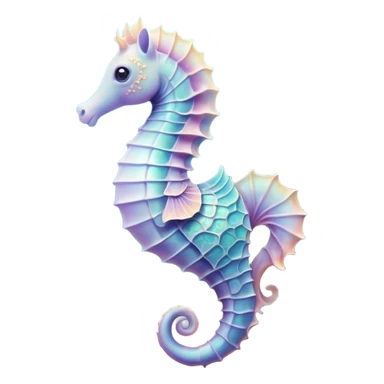 Cinematic Noble Sea Horse Portrait Emoji, Poised and enchanting, with a delicate, slender body in soft pastel hues, a gracefully curled tail and large, expressive eyes radiating gentle wonder, Simplified yet charmingly cute features, highly detailed, glowing with a soft, magical aquatic luminescence, high shine, intelligent and endearing, stylized with an air of whimsical marine grace, focused and poised, soft glowing outline, capturing the essence of a watchful and confident seahorse that appears ready to drift out of the screen with delightful charm! sticker