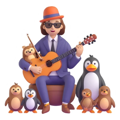 creative, sleepy musician with stylish clothes and dachshund, penguin, and sloth friends sticker