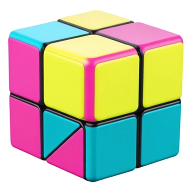 A 3x3 Rubik's Cube with radical 90s American color scheme, slightly twisted position, fluorescent colors, teal, hot pink, neon yellow, and purple sticker
