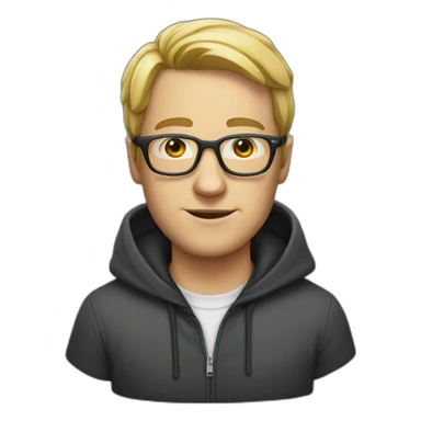 A white man with a hood on his head and glasses sticker