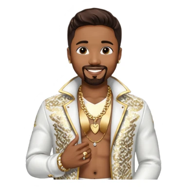 Teddy Riley with dark brown hair, white sequin jacket, shirtless with necklace  sticker
