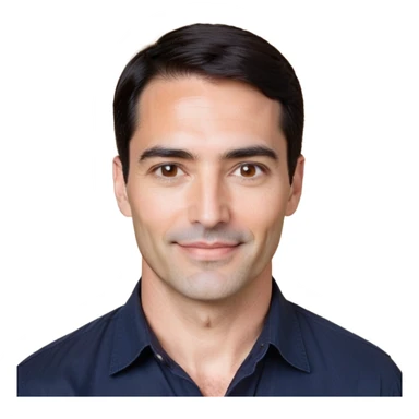 Man in his 40s with wide square face, marked jawline, full cheeks, friendly expression, medium dark brown eyes, thick natural eyebrows, straight wide nose, medium lips curved slightly upward in a relaxed smile, short neat dark brown almost black hair, wearing a navy blue button-up shirt sticker