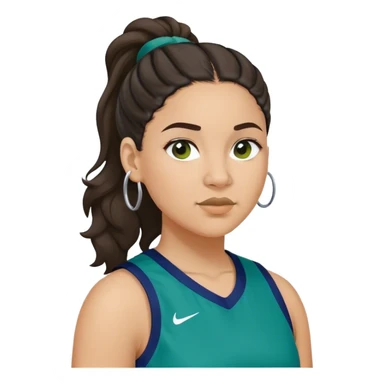  plus size light skin latino women basketball player with wavy dark hair in pony tail flat wide nose wearing blue green  uniform sticker