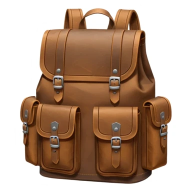 A sturdy, weathered leather backpack with metal-reinforced flaps and deep, practical pockets. Scratched and rugged from long travel, it has a solid, utilitarian look—built for harsh roads and hard use. sticker