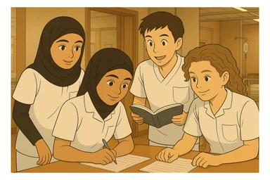 Personnaliser les quatre étudiants infirmiers en intérieur, style Ghibli, en utilisant les visages des quatre photos fournies, tenues blanches à manches courtes, tuniques médicales col en V, poche poitrine à gauche, pas de pied de col, pas de stéthoscopes, avant-bras nus, cheveux longs attachés pour celles qui en ont. Ambiance chaleureuse et collaborative. sticker