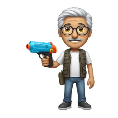 Turkish man with grey hair and glasses and white t-shirt pointing a water gun with one arm while standing sticker