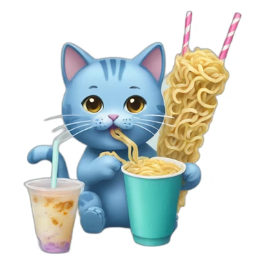 blueish cat eating noodles next to bubble tea sticker
