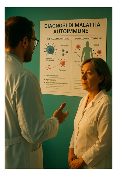 Foto tutta in italiano Realistic, detailed photo taken from behind of one doctor e un paziente —a bearded man and a middle-aged woman—standing and facing each other as they discuss an autoimmune disease diagnosis in front of a medical chart that displays information about the immune system and autoimmune conditions. The scene is illuminated by a yellowish, orange, warm light that softly envelops the doctors. The entire room is bathed in a single green-blue color, creating a cohesive and modern atmosphere. Both doctors wear white coats, and their body language suggests a serious, professional conversation about the complexities of autoimmune diseases. Shot with a Canon EOS R5, with high detail and natural depth of field. scritto in italiano sticker