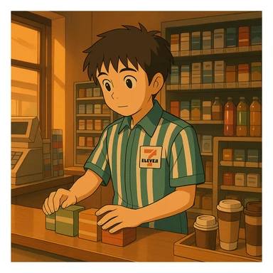 The same anime boy character from the reference image, wearing a 7/11 convenience store work uniform, working inside the store. He is behind the counter or arranging items on shelves, with a warm, gentle evening-lit Studio Ghibli style interior. sticker