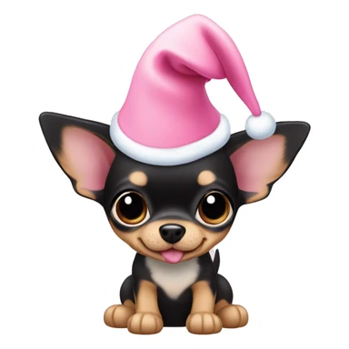 black & tan chihuahua puppy full body light blue eyes pink christmas hat on sticker