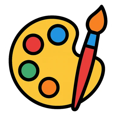 a color palette with paintbrush, representing creativity and design, colorful lineal icon with black outlines sticker
