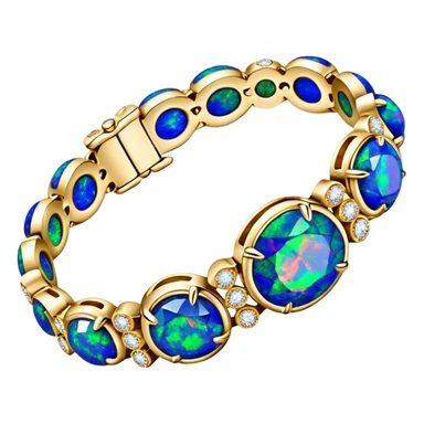 Van Cleef, ultra detailed, vivid, bold, sparkling black opal gemstones and 2k diamonds, 14k gold bracelet sticker
