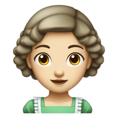 Maid with white skin, brown eyes and hair and an m shaped bang on her head with green headdress sticker