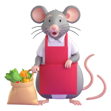 tired rat wearing apron bagging groceries sticker
