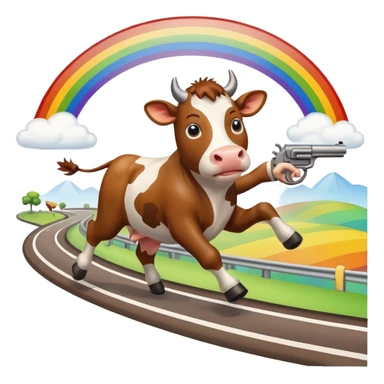 a cow running across a highway on a rainbow shooting a gun sticker