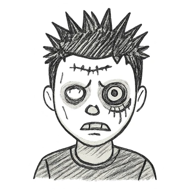 Add more zombie details such as greenish skin, visible stitches, and a scar. Keep the spiky black emo hair and black shirt. No background. sticker
