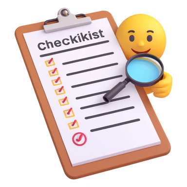 3D Emoji style icon for application testing setup, showing a clipboard with a checklist and a magnifying glass sticker