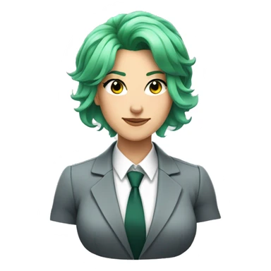 A muscular white woman with green hair and an anime face wearing a business suit sticker
