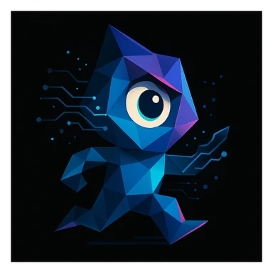 abstract geometric mascot for a creative tech portfolio, modern and professional with a single expressive eye, subtle tech and futuristic elements like glowing circuit lines and digital dots, dynamic flowing motion, neon color palette of deep blues, cyans, purples, neon highlights on black background, clean minimal energetic sticker
