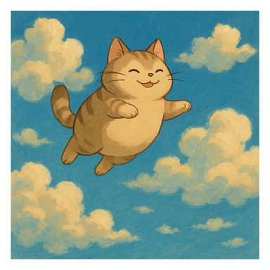 whimsical flying cat with clouds, ghibli style sticker