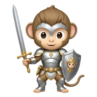 baby chibi monkey in silver armor, full body, smile, hold sword sticker