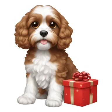 Brown and white cavapoo and new year gift box sticker