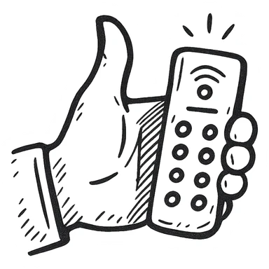 hand holding a clicker remote, thumb up gesture, clear and simple icon style sticker