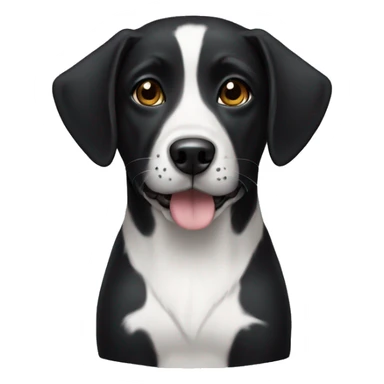Black female dog with white chest sticker