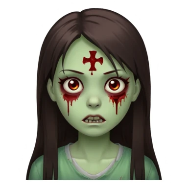 girl zombie with green pale skin with long dark brown straight hair with side bangs light brown eyes blood under eyes and brui sticker