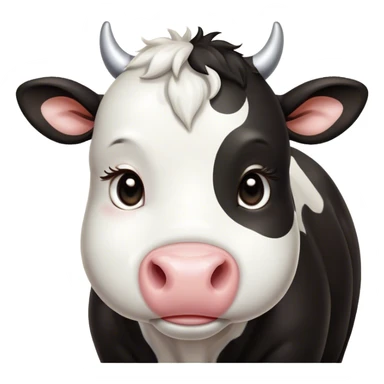 Cinematic Cute Black and White Cow Portrait Emoji, Head tilted playfully and inquisitively, featuring a glossy, contrasting coat of black and white, round, sparkling brown eyes filled with gentle curiosity, Simplified yet irresistibly adorable features, highly detailed, glowing with a warm, friendly glow, high shine, affectionate and serene, stylized with a touch of contemporary charm, bright and endearing, soft glowing outline, capturing the essence of a mischievous yet loving cow, so playful it feels like it could moo out of the screen and into your arms! sticker