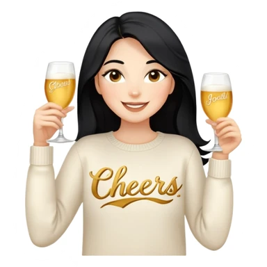 A woman with longer black hair, light to medium skin tone, full cheeks, and almond-shaped eyes, wearing a simple white sweater with the word 'cheers' in gold script, joyful and radiant expression, cheerful. sticker
