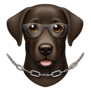 dark brown labrador, smiling, with glasses, and a chain with the initials "Sam" sticker