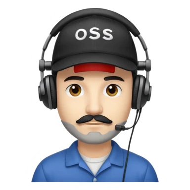streamer man with short black beard, short black mustache, black eyebrows, and a cap, wearing headphones sticker