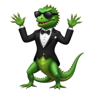 capitalist iguana banker in tuxedo and black sunglasses dancing crazy sticker