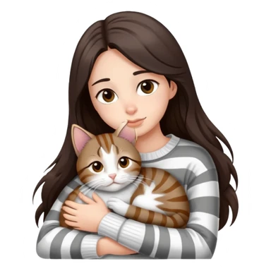 a girl with long dark brown hair, in a
white sweater and brown eyes, hugs a tabby
grey and white strips one cat.  sticker