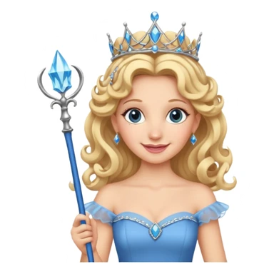 Glinda from Wicked, smiling, curly blonde hair, tiara, blue dress, holding a wand sticker