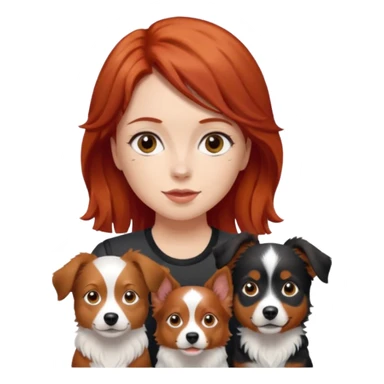 young woman with red hair and two mini Australian shepherds, brown white and black, boy bigger, girl smaller and dainty, emoji style sticker