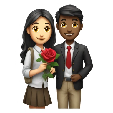 school student boy and girl with rose sticker