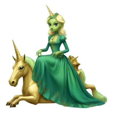 "galora green blonde alien woman" in blue Victorian dress elegant, full body, on gold unicorn sticker
