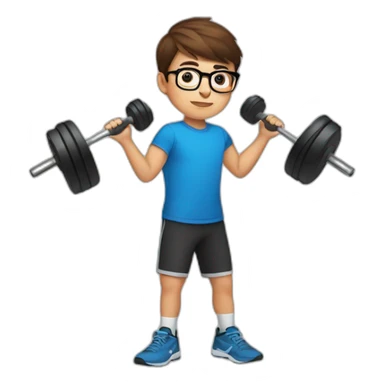 A 12-year-old boy with short brown hair and glasses does exercises with dumbbells sticker