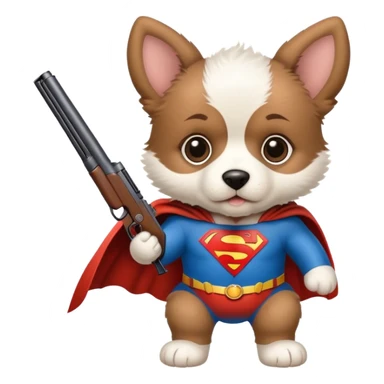 a puppy in superman suite carying a shotgun sticker
