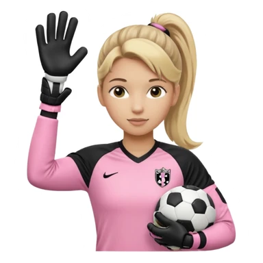 Make a dirty blonde football goalkeeper with goalkeeper gloves on. The girl is light skinned and wearing a light pink football kit. Wearing one ponytail on back of head. Make it without the whole body. With full sleeves. No RUGBY BALL JUST BLACK AND WHITE BALL. Holding ball under armpit sticker